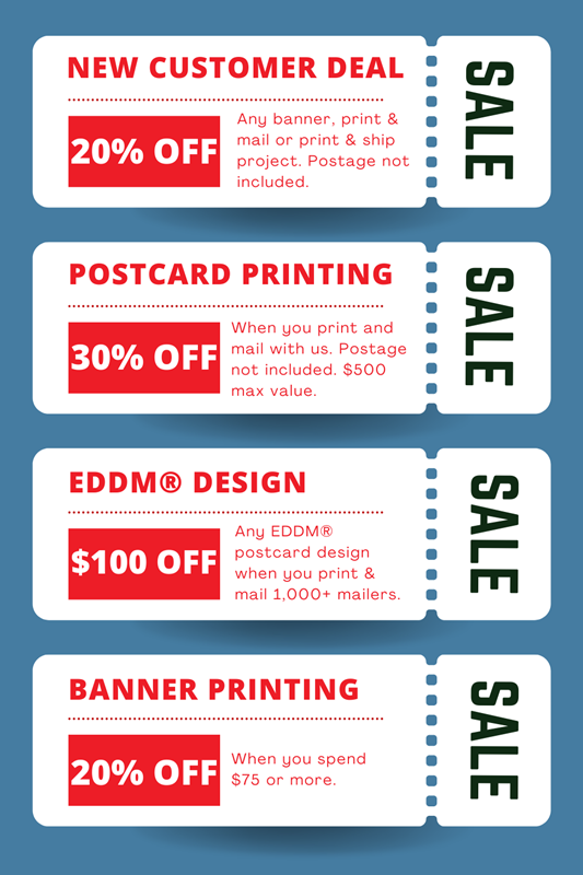 Four discount tickets: 20% off for new customers, 30% off postcard printing, $100 off design, and 20% off banner printing.